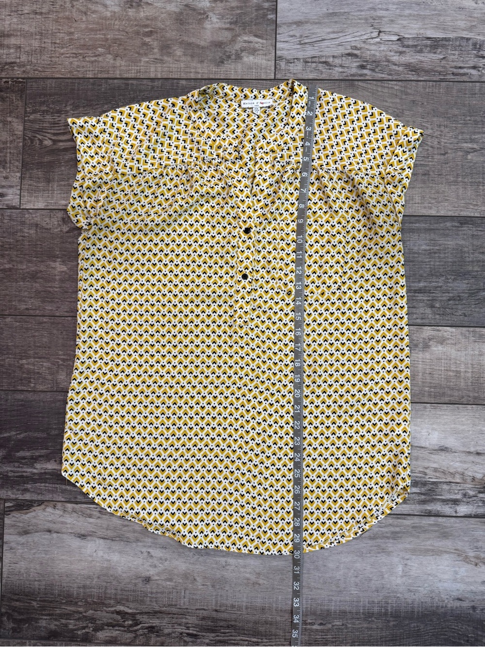 Anthropologie Maison D' Amelie Yellow Geometric Cap-Sleeve Blouse Sz M - Picture 6 of 6